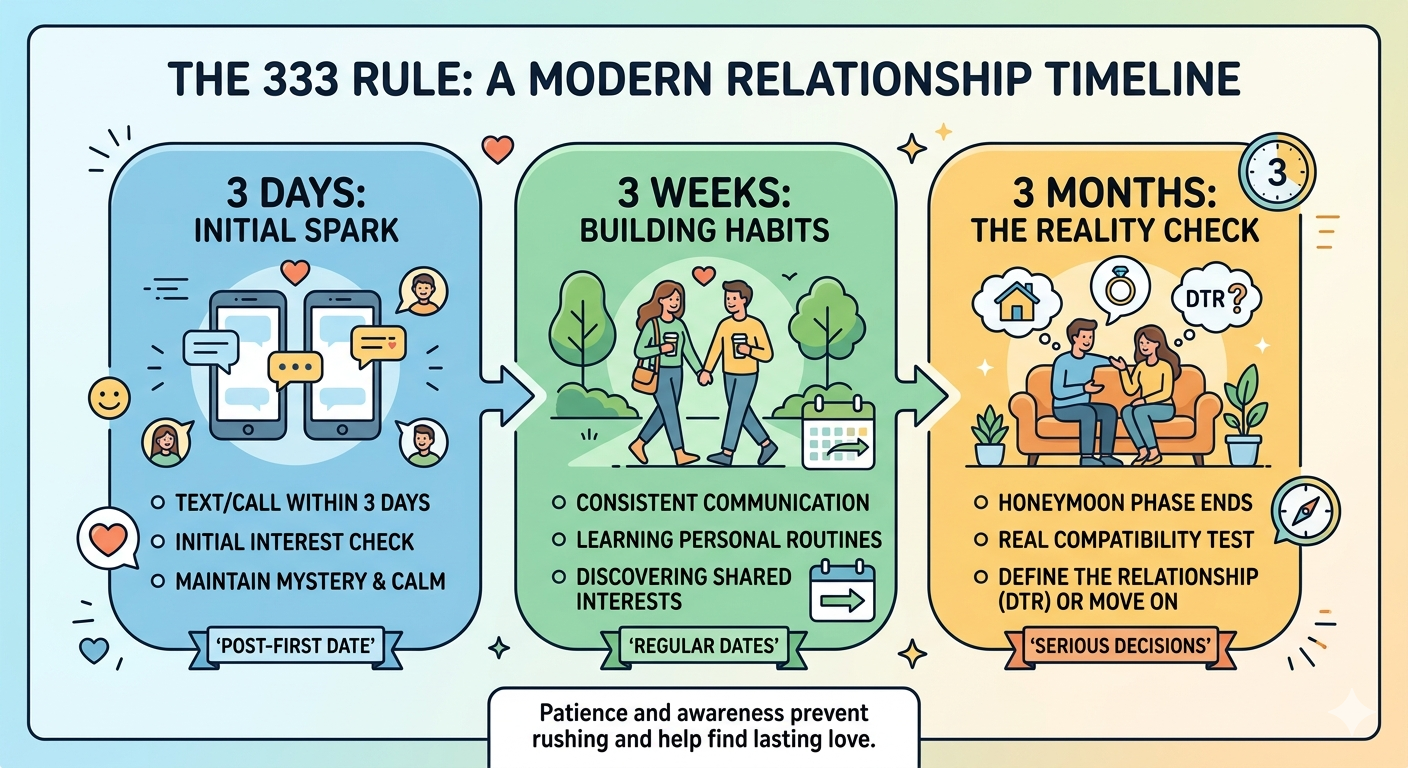 A colorful infographic titled "The 333 Rule: Sustaining Long-Term Spark" outlining a relationship strategy of 3 micro-connections a week, 3 date nights a month, and 3 major adventures a year.