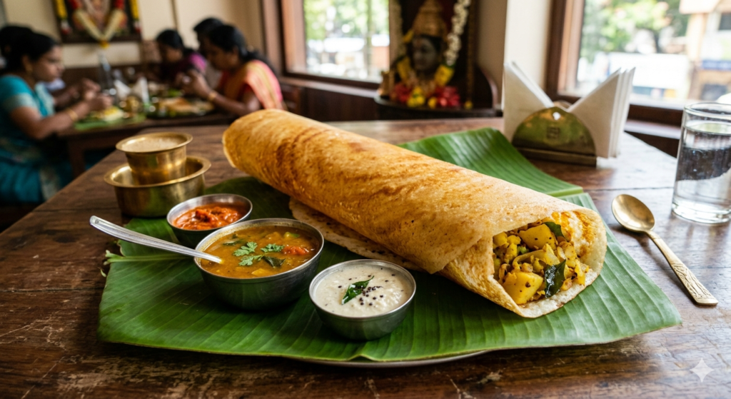A close-up, high-angle shot of a large, crispy golden-brown Masala Dosa rolled on a vibrant green banana leaf. The dosa is filled with spiced potato masala and served with small steel bowls of sambar, coconut chutney, and tomato chutney in a rustic South Indian restaurant setting.